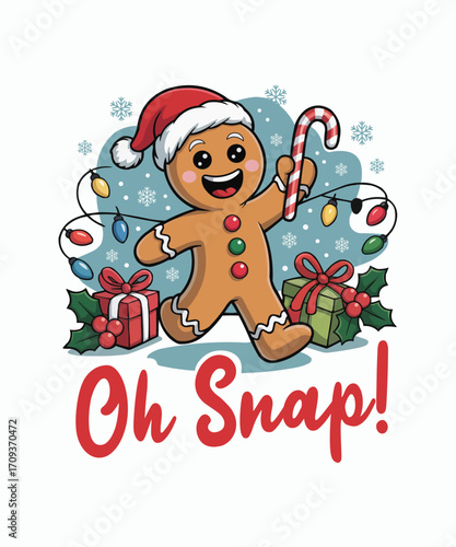 Cute Gingerbread Man Running with Christmas Gifts and Candy Cane, Saying 'Oh Snap'.