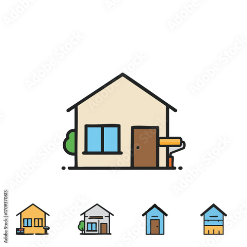 A versatile graphic featuring a stylized house icon with a paint roller, representing home renovation, property ownership, and modern residential development projects.