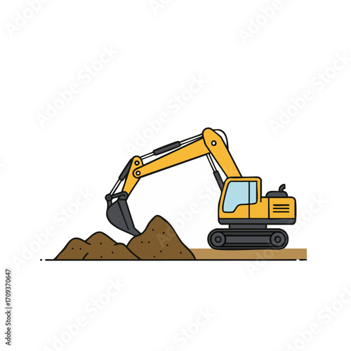 A vibrant yellow excavator with tracks efficiently digs a pile of brown earth, showcasing powerful construction equipment in action.