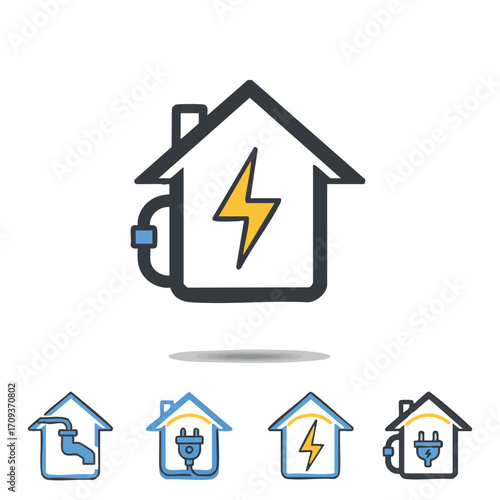 Illustrative vector icons depicting various essential home utilities like electricity and water, symbolizing modern energy consumption and smart house management.