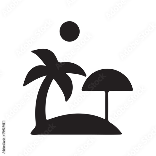 Simple silhouette of a tropical island scene with palm tree and umbrella.