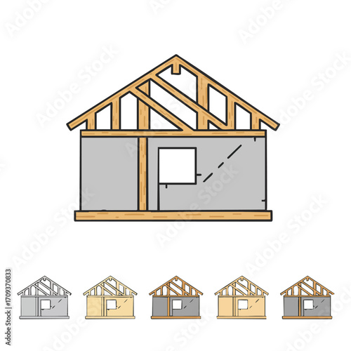An architectural illustration depicts the foundational framing and initial wall construction of a residential house, showcasing the building process.