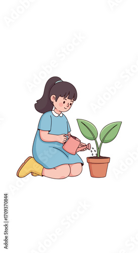 Little Girl Watering a Plant in Pot.