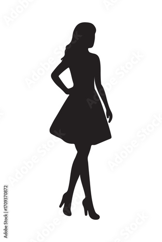 Silhouette of a woman in a flared dress and heels vector silhouette on white background.