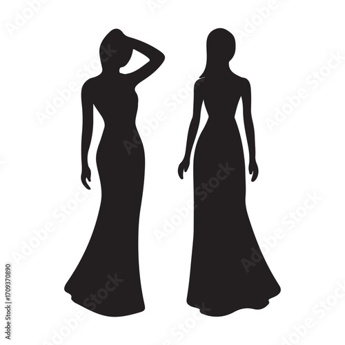 Elegant silhouettes of two women in long evening gowns vector silhouette on white background.