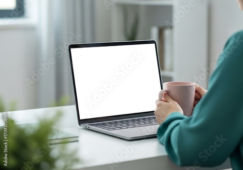 Woman Working on Laptop, Focused, Productive, Modern Workplace.