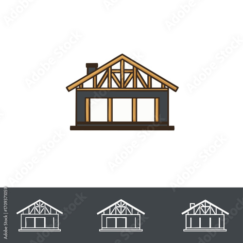 A minimalist vector illustration of a residential building under construction, revealing its intricate wooden roof trusses and essential architectural framework.