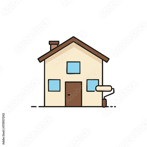 An inviting cartoon house illustration featuring a paint roller, symbolizing ongoing home improvement, renovation projects, or property maintenance with a fresh coat.