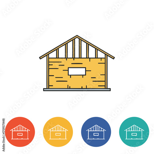 Flat line art illustration of a house under construction with visible framing and brickwork, representing home building or renovation projects.