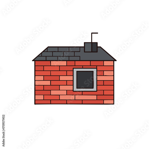 A minimalist vector illustration portrays a charming red brick house with a dark gray roof and chimney, symbolizing home, shelter, and property in a clean, modern look.