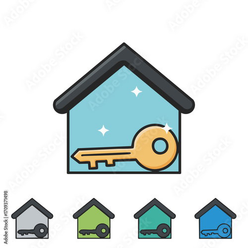 A clean, modern vector illustration depicts a house icon with a golden key inside, symbolizing homeownership, property security, and real estate access.
