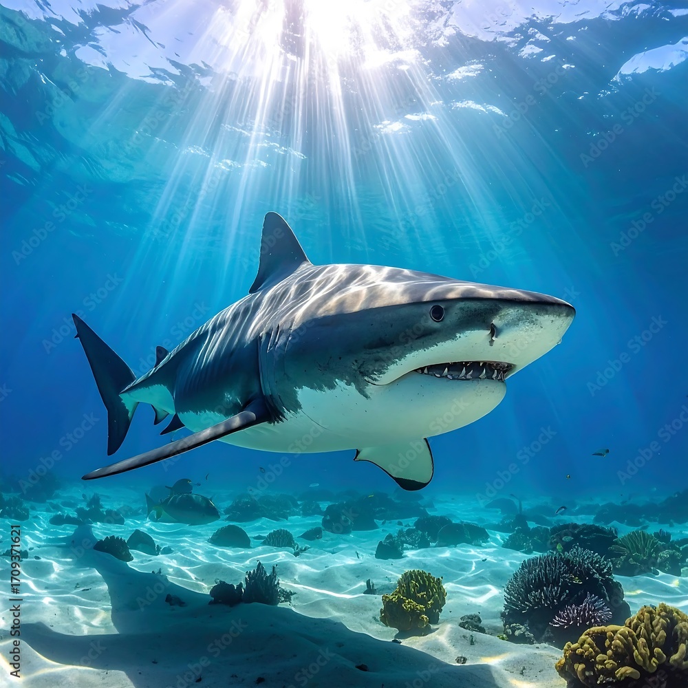Naklejka premium A magnificent great white shark gracefully swims in a sunlit underwater scene, showcasing intricate detail and vibrant colors.