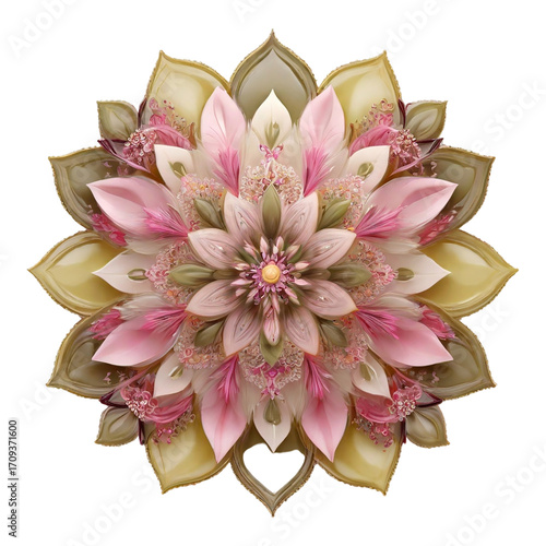 Soft Pink and Yellow Floral Mandala with Heart Shape Detail intricate symmetrical