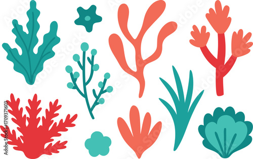 Colorful vector coral and seaweed bundle for ocean themed designs scalable illustration