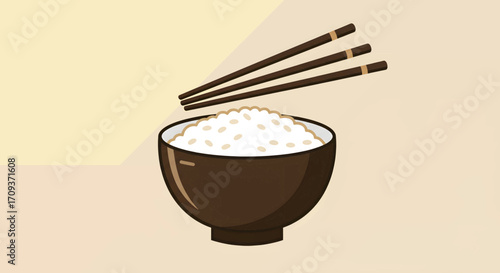 Illustration of a bowl of rice with chopsticks on a beige background.