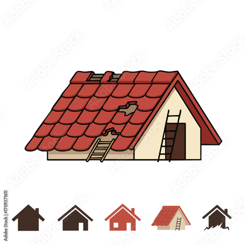 An illustration depicting a house with a severely damaged red tiled roof, highlighting the urgent need for professional home repair and maintenance services.
