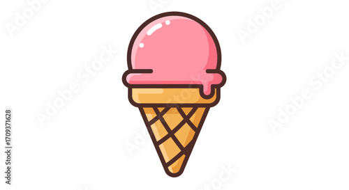 A single scoop of strawberry ice cream in a waffle cone.