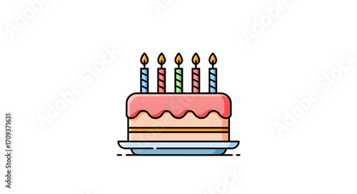 A colorful cartoon illustration of a two-layer birthday cake with pink frosting and five lit candles on a plate.