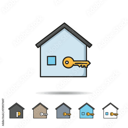 This vector illustration depicts a simple house icon with a golden key, symbolizing home ownership, property management, or secure access to real estate.