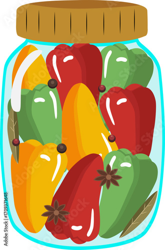 Canned multicolored peppers with spices in a glass jar. Isolated vector illustration.