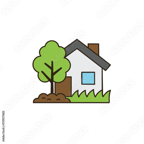 A charming minimalist illustration depicts a cozy house nestled beside a vibrant green tree and lush grass, symbolizing home ownership and nature.