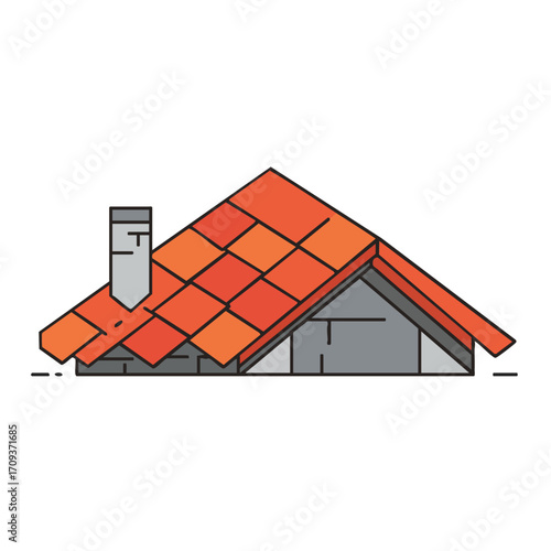 A charming flat-design illustration showcases a traditional house roof, featuring vibrant red ceramic tiles and a sturdy grey chimney, symbolizing home and shelter.