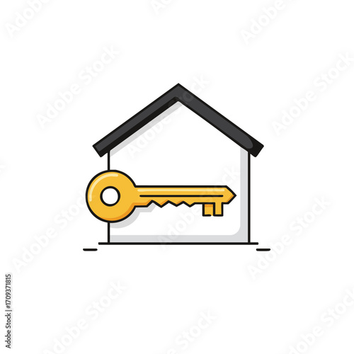 A sleek, modern icon depicts a house outline with a prominent golden key, symbolizing home ownership, property access, and secure real estate solutions.
