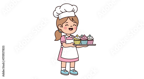 Happy Baker Girl Holding Cupcakes.