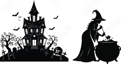 Black silhouette of a witch stirring a cauldron and haunted house