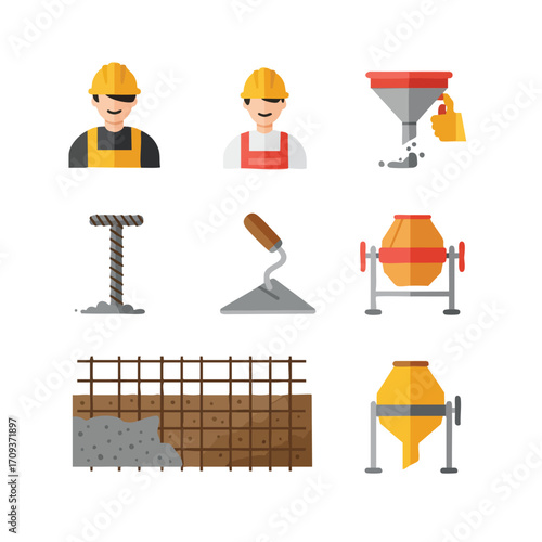 This modern flat design vector set features essential construction elements, including workers, mixers, trowels, rebar, and concrete, ideal for building projects.