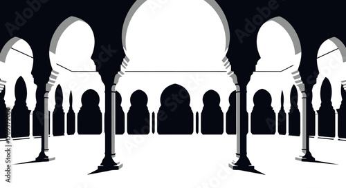 Striking architectural illustration depicting a grand mosque interior with elegant arches and dome structures, ideal for cultural or travel themed designs.