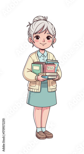 Friendly elderly woman professor holding a stack of books.