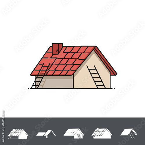 A charming house with a vibrant red tiled roof and two ladders, symbolizing ongoing construction or essential home maintenance and renovation projects.