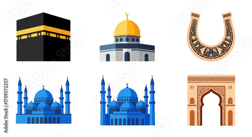 Collection of Islamic Architectural Landmarks and Symbols, Illustrative Vector Design, Ideal for Educational Materials, Cultural Presentations and Faith-Based Graphic Projects