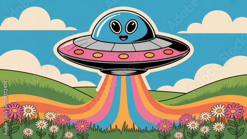 Cute cartoon ufo spaceship with rainbow beam landing in flower field vector illustration art design drawing