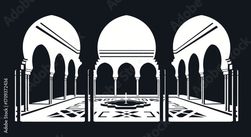 Elegant Moorish Courtyard Illustration for Architectural Design and Cultural Heritage Projects, Ideal for Depicting Historical Sites and Middle Eastern Aesthetics