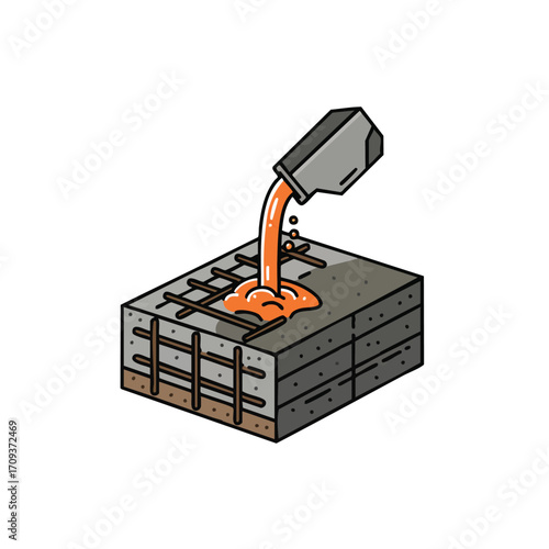 An isometric illustration shows the process of pouring liquid concrete onto a reinforced foundation slab, highlighting the construction and building material application.