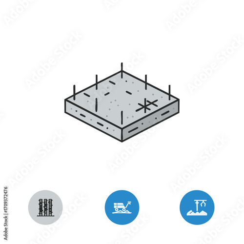 An isometric line icon illustrates a concrete foundation slab with rebar, symbolizing the initial stage of building construction and structural integrity.