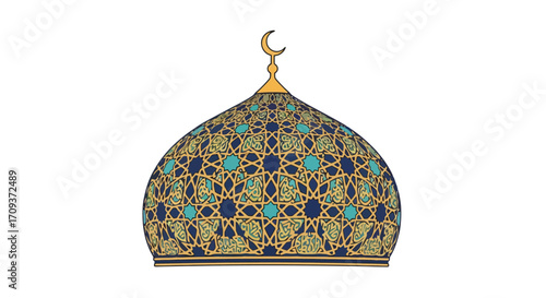 Ornate Mosque Dome Illustration with Intricate Islamic Patterns, Suitable for Religious Greetings, Cultural Events, and Design Projects Related to Islamic Art