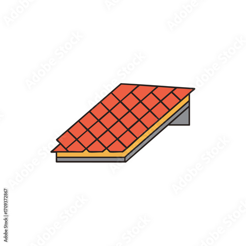 A simple vector illustration depicting a cross-section of a residential roof, highlighting red ceramic tiles and the underlying structural and insulation layers.