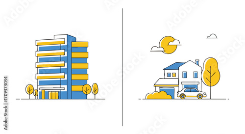 Simple line art illustrations comparing an apartment building and a detached house.