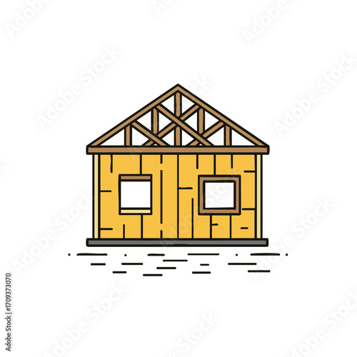 An illustrative depiction of a house under construction, showcasing its wooden frame and roof truss against a clean white background.