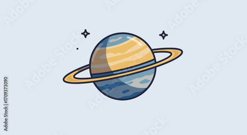 Cartoon illustration of a ringed planet, similar to Saturn, with yellow and blue stripes and small stars in the background.