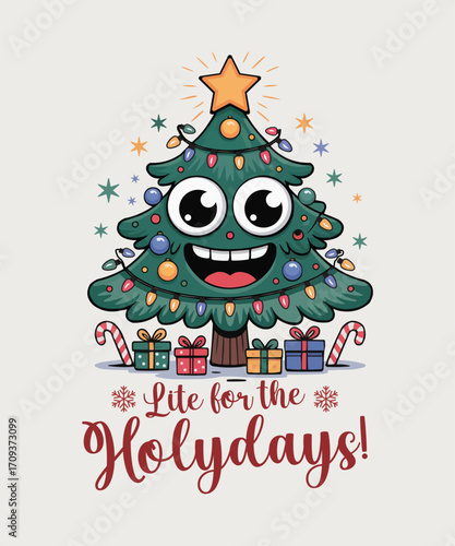 Cute Christmas Tree with a happy face, ready for the holidays.