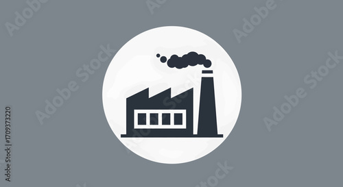 Illustration of a factory building with a smokestack emitting smoke, set inside a white circle.