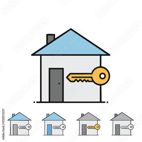 A clean, modern vector illustration depicts a house icon with a prominent key, symbolizing new home ownership, secure property access, and the vibrant real estate market.
