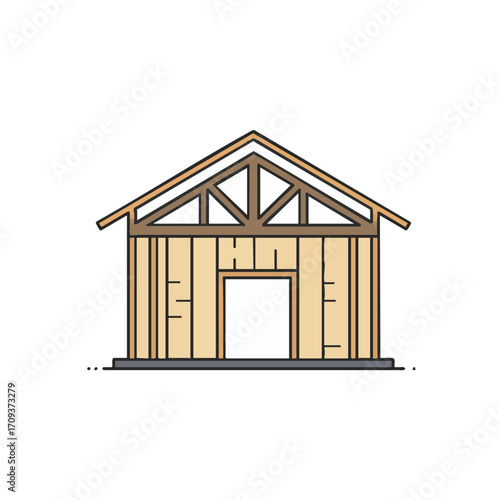 A minimalist line art illustration depicts the skeletal framework of a wooden house under construction, showcasing essential architectural elements and building stages.