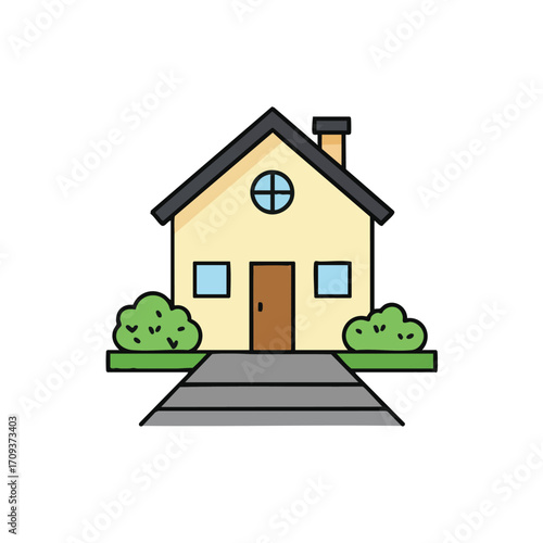 A delightful, simple cartoon illustration of a cozy residential house, complete with a welcoming pathway and green landscaping, perfect for home-related concepts.