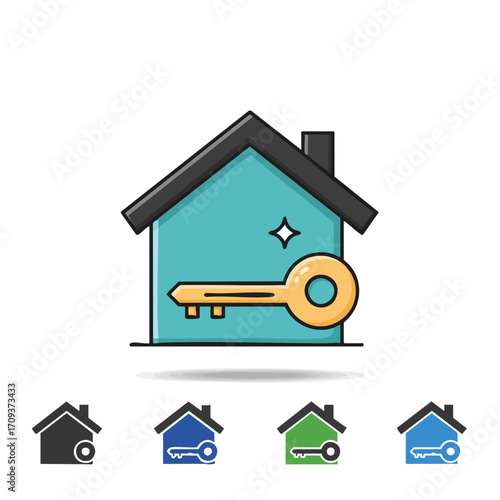 A vibrant digital illustration showcasing a stylized house icon with a prominent golden key, symbolizing home ownership, property investment, and secure living solutions.