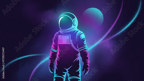 Astronaut in neon space suit with helmet and cosmic background digital art illustration design concept